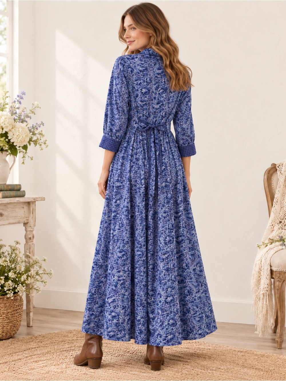 Vintage 90s April Cornell Province Indigo Floral Rayon Maxi Dress S prairie cttg - Picture 3 of 11
